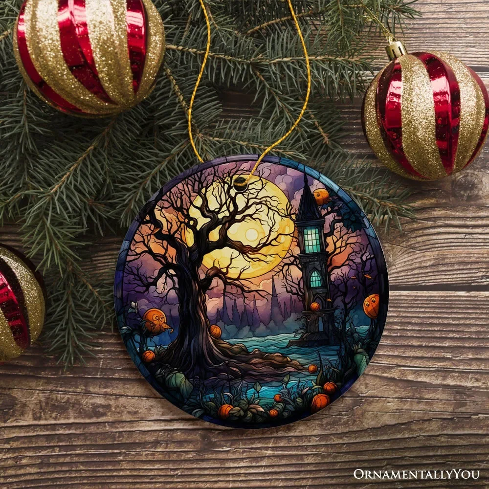 Spooky Tree & Haunted House Stained Glass Style Ceramic Ornament, Halloween The